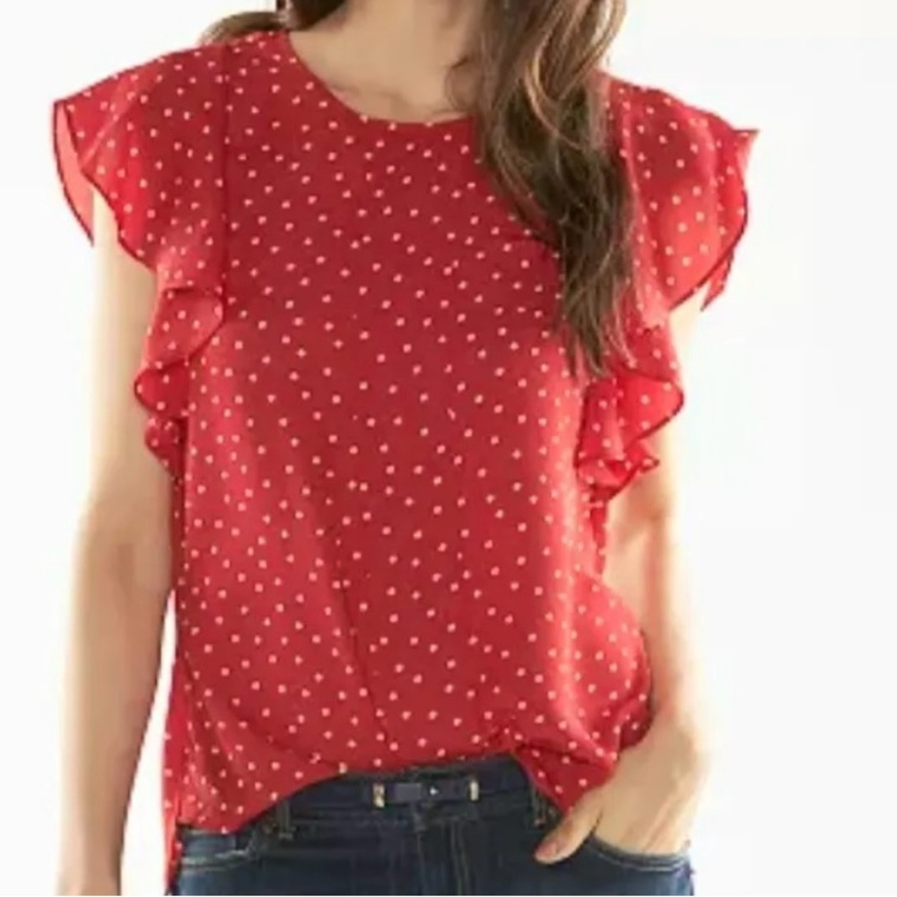 Elle Chiffon Pleated Red Polka-dot blouse-Size L